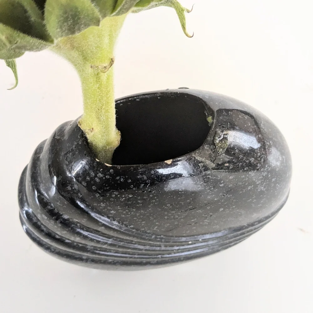 Vintage Round Vase with 80s Art Deco Revival Style, Black with Gray White Speckl